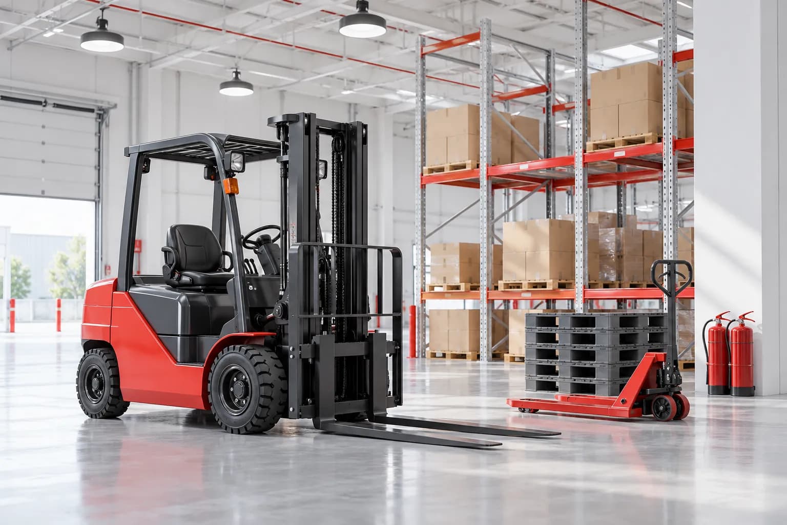 A range of warehouse equipment including a forklift, racks, pallets and fire extinguishers.